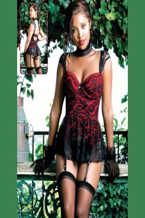 New Dreams 8219 Fantazi Jartiyerli Babydoll | Kırmızı Saten ve Siyah Dantelli Set